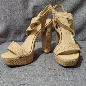 Jessica Simpson gold/ natural Straw Platform ankle strap heel